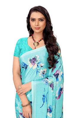 Blue printed crepe saree with blouse 4