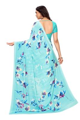 Blue printed crepe saree with blouse 5