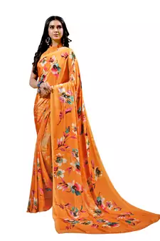 Orange printed crepe saree with blouse
