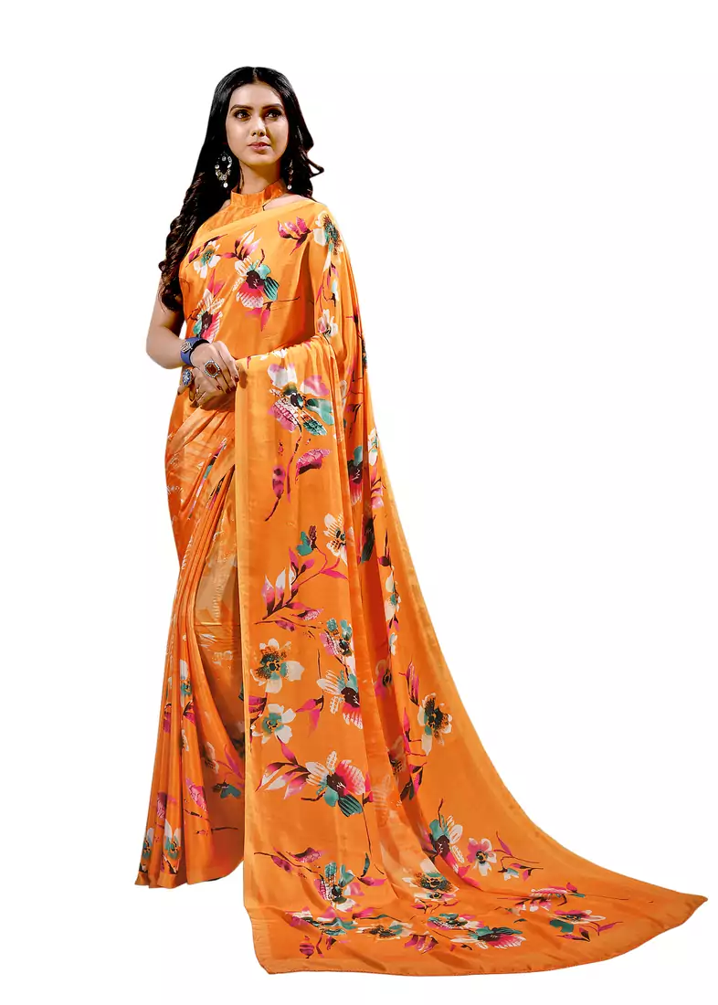 Orange printed crepe saree with blouse
