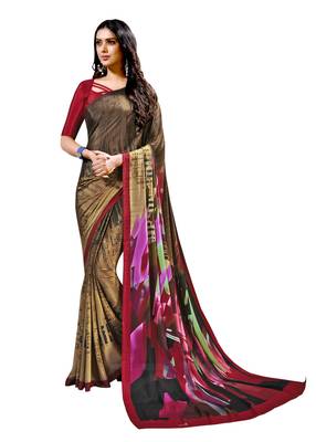 Pink printed crepe saree with blouse 1