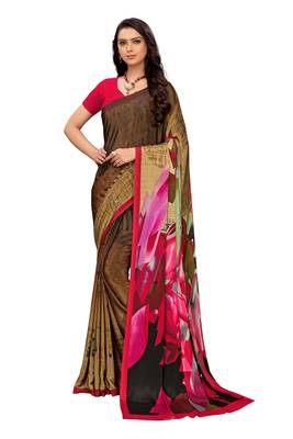 Pink printed crepe saree with blouse 2