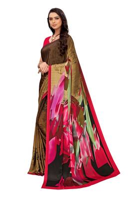 Pink printed crepe saree with blouse 3