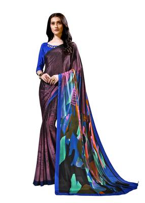 Blue printed crepe saree with blouse 1