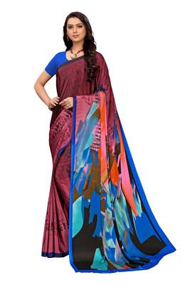Blue printed crepe saree with blouse 2