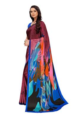 Blue printed crepe saree with blouse 3