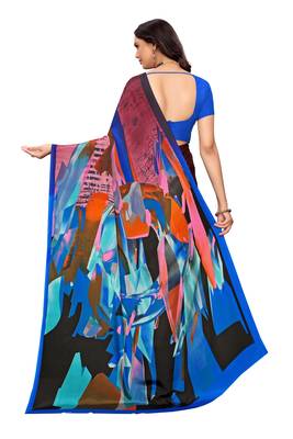 Blue printed crepe saree with blouse 4