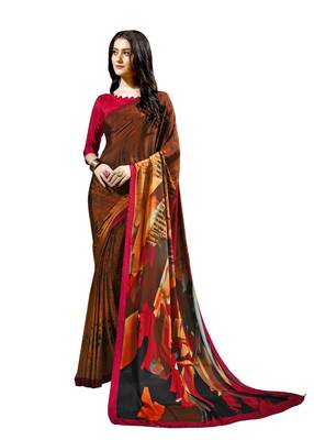 Red printed crepe saree with blouse 1