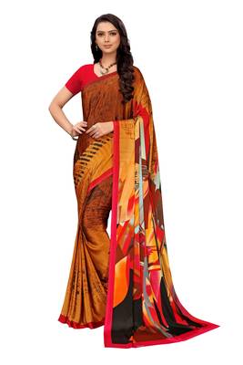 Red printed crepe saree with blouse 2