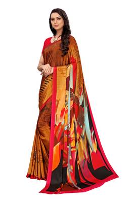 Red printed crepe saree with blouse 3