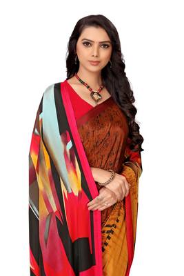 Red printed crepe saree with blouse 4