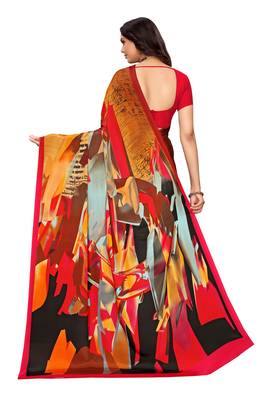Red printed crepe saree with blouse 5