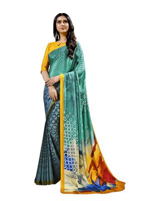 Yellow printed crepe saree with blouse 1