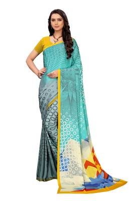 Yellow printed crepe saree with blouse 2