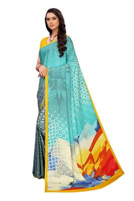 Yellow printed crepe saree with blouse 3