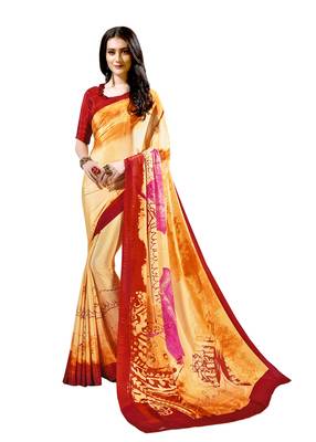 Yellow   printed crepe saree with blouse 1