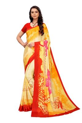 Yellow   printed crepe saree with blouse 2