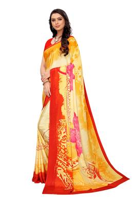Yellow   printed crepe saree with blouse 3