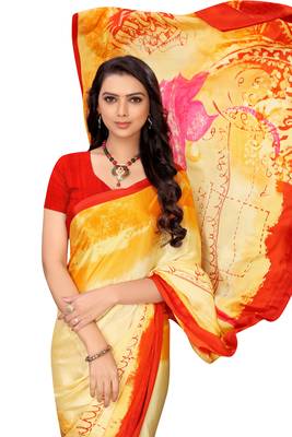 Yellow   printed crepe saree with blouse 4