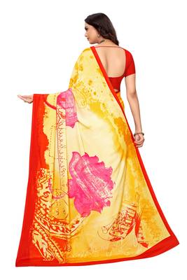 Yellow   printed crepe saree with blouse 5