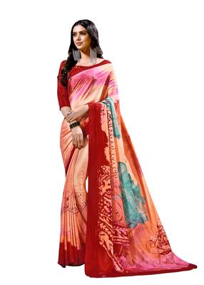 Peach printed crepe saree with blouse 1