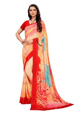 Peach printed crepe saree with blouse 2