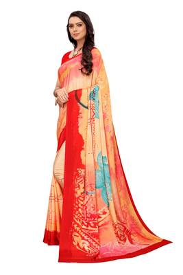 Peach printed crepe saree with blouse 3