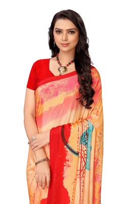 Peach printed crepe saree with blouse 4