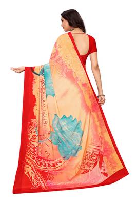 Peach printed crepe saree with blouse 5