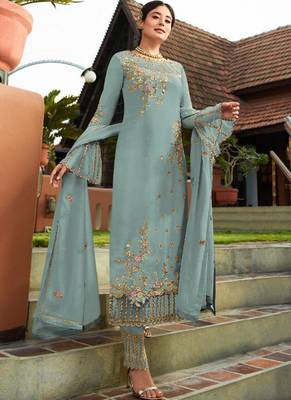 Sky-blue embroidered georgette salwar 1