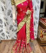 Pink Embroidered Faux Raw Silk Saree With Blouse