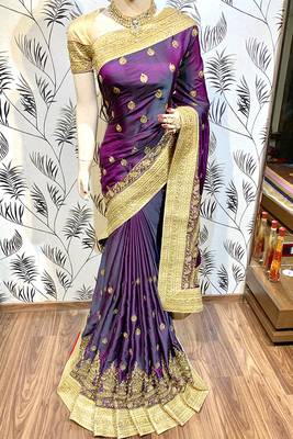 Purple Embroidered Faux Raw Silk Saree With Blouse 1