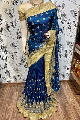 Blue Embroidered Faux Raw Silk Saree With Blouse 1