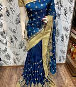 Blue Embroidered Faux Raw Silk Saree With Blouse