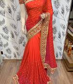 Orange Embroidered Faux Raw Silk Saree With Blouse