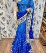 Blue Embroidered Faux Raw Silk Saree With Blouse