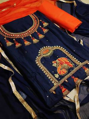 blue embroidered cotton unstitched salwar with dupatta 1