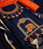 blue embroidered cotton unstitched salwar with dupatta