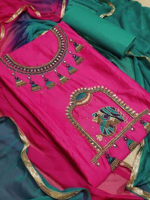 pink embroidered cotton unstitched salwar with dupatta 1