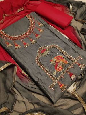 grey embroidered cotton unstitched salwar with dupatta 1