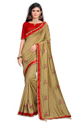 Chiku embroidered poly silk saree with blouse 1