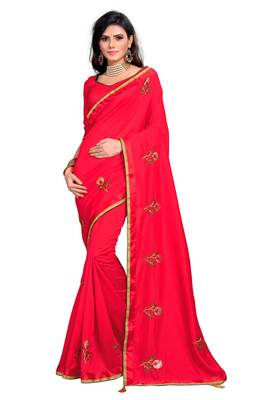 Red embroidered poly silk saree with blouse 1
