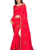 Red embroidered poly silk saree with blouse