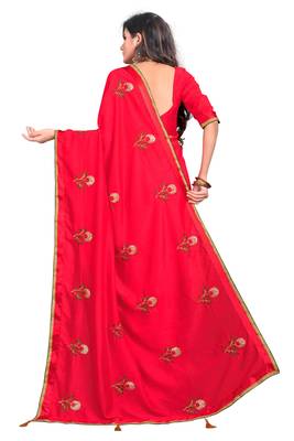 Red embroidered poly silk saree with blouse 2