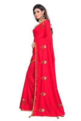 Red embroidered poly silk saree with blouse 3