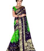 parrot green and blue woven art silk saree with blouse