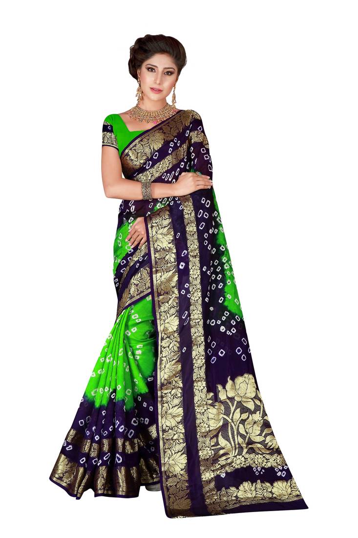 parrot green and blue woven art silk saree with blouse