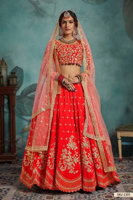 Red Embroidered Art Silk Unstitched Lehenga 1