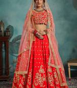 Red Embroidered Art Silk Unstitched Lehenga