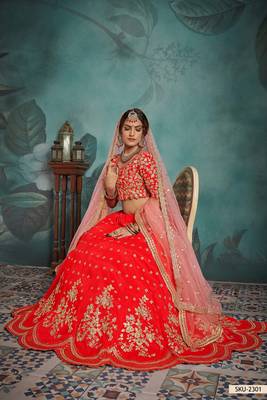 Red Embroidered Art Silk Unstitched Lehenga 2
